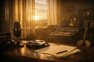 Panoramica 16:9 di uno studio musicale al tramonto con luce dorata e strumenti vintage che evocano la musica di Lucio Battisti.