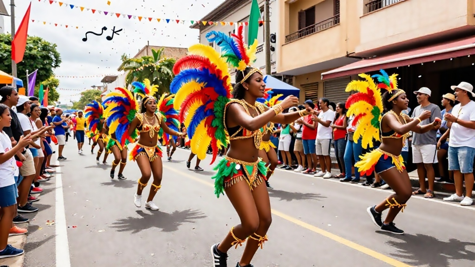 Un gruppo di ballerine brasiliane in costumi tipici piumati e colorati danza con energia lungo le strade di Dolo durante la sfilata del Carnevale.