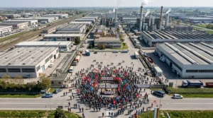 Foto aerea che ritrae un'ampia veduta della zona di Porto Marghera con numerosi operai e disoccupati che protestano civilmente. 