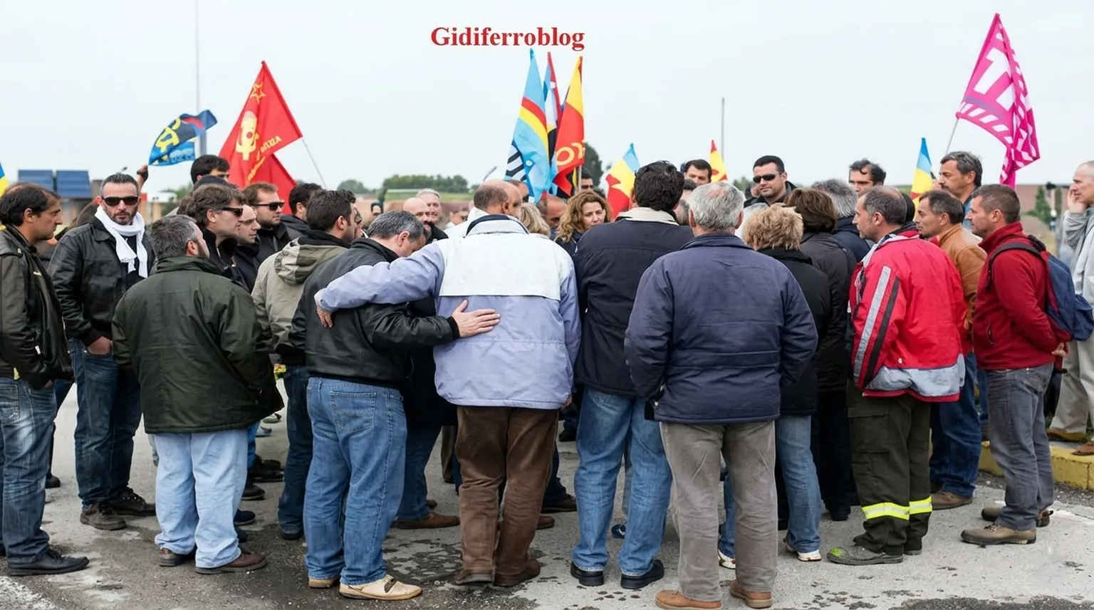nella foto un gruppo di disoccupati protesta con bandiere e striscioni davanti ad una fabbrica.