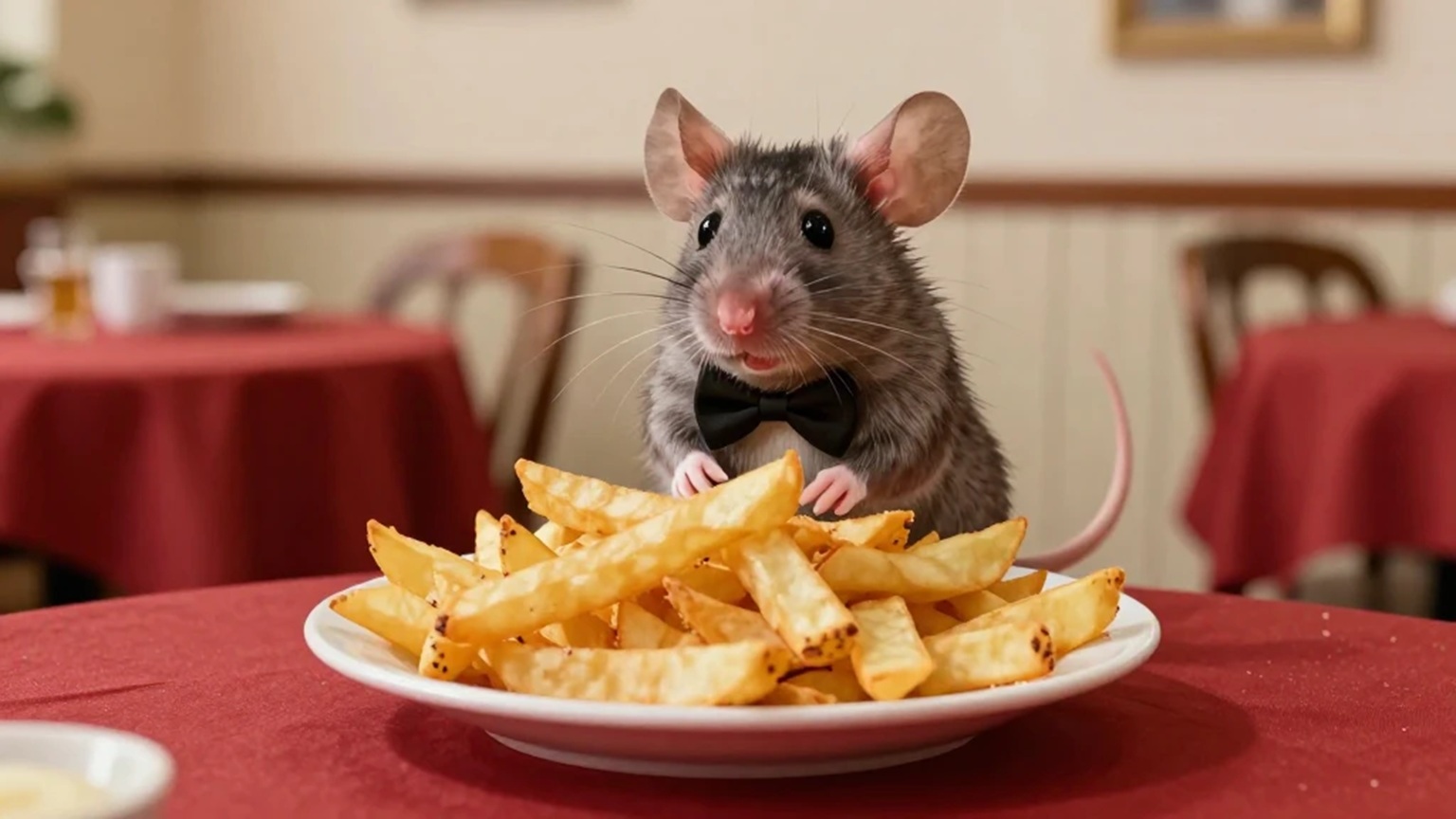 Immagine ironica e antropomorfizzata di un piccolo topo seduto a un tavolo da ristorante in miniatura, con un piatto di patatine fritte servito davanti a sé.