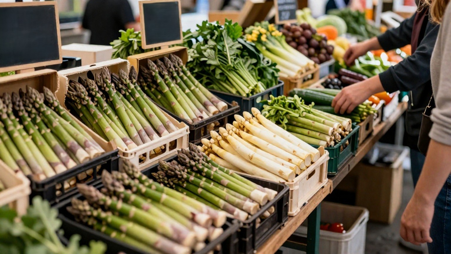 Dettaglio della preparazione degli asparagi bianchi di Giare: mani che sistemano i mazzi nelle cassette per la vendita alla sagra di Piazza Vecchia diMira