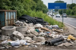 Fotografia diurna di una discarica abusiva lungo la Strada Statale 13 Terraglio a Mogliano Veneto. In primo piano si vedono materiali edili abbandonati: pozzetti in cemento, tubi neri arrotolati, un container metallico arrugginito e vari detriti misti. Sullo sfondo, la strada trafficata con il cartello blu “Mogliano Veneto SS13” e auto in transito, circondata da vegetazione verde.