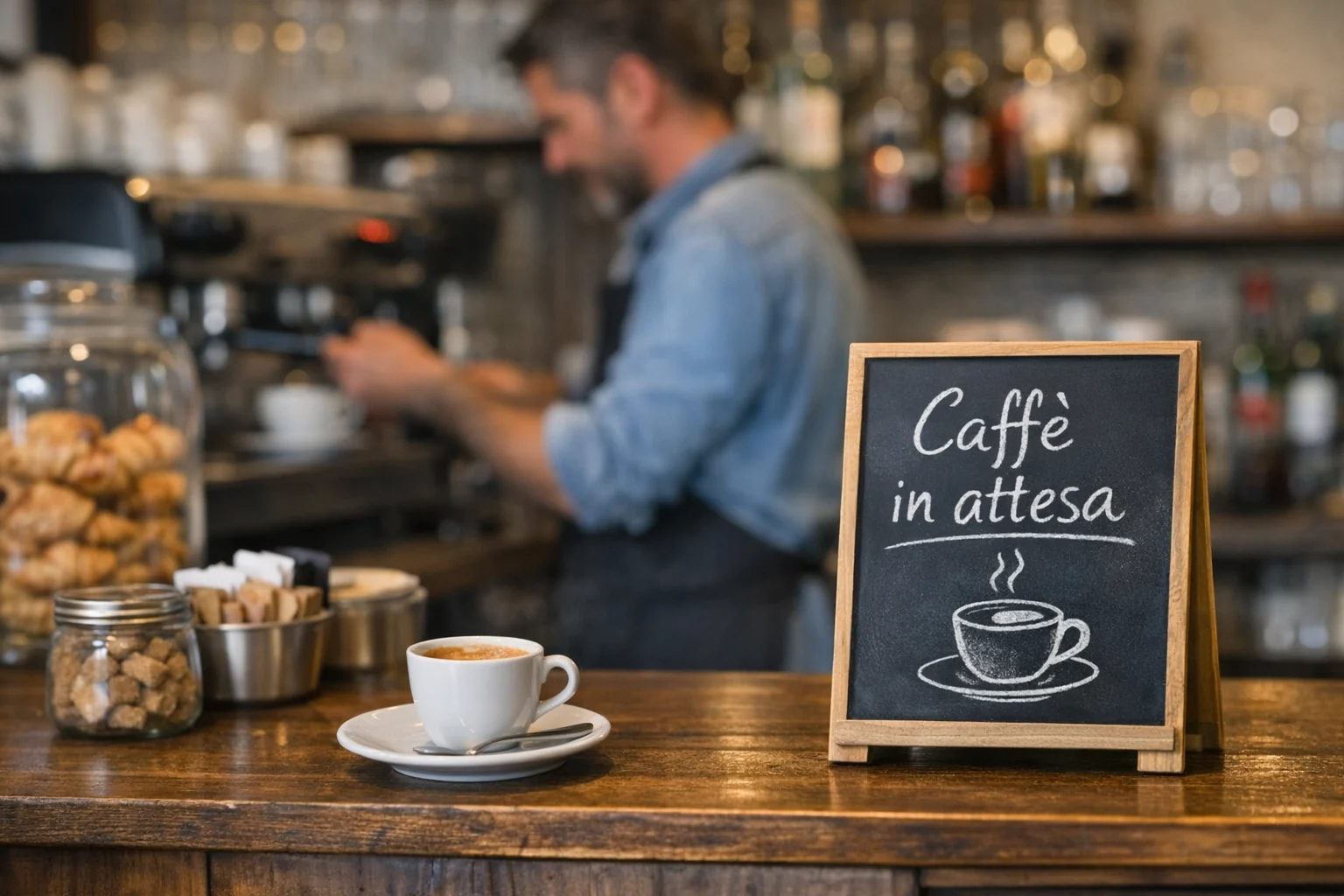 In foto il bancone di un bar con una lavagnetta e la scritta Un Caffè in Attesa. Dietro il bancone il barista leggermente sfocato alla macchina dei caffè.