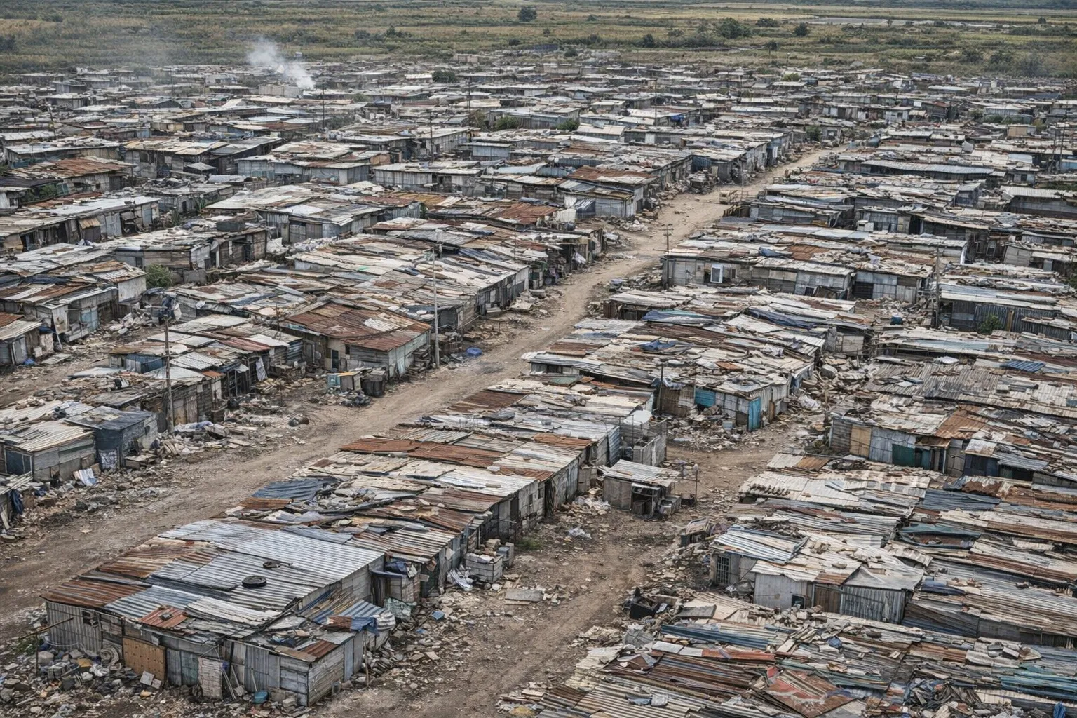 Una rappresentazione fotografica e simbolica di un insediamento edilizio spontaneo e non pianificato, concepito per illustrare il concetto di "quartiere abusivo" descritto nell'articolo; l'immagine non rispecchia fedelmente l'architettura specifica o il contesto paesaggistico dei noti quartieri abusivi del Sud Italia, ma mostra un agglomerato di abitazioni modeste, spesso realizzate con materiali eterogenei e tetti piatti, fitte tra loro e prive di una rete viaria definita e di infrastrutture di urbanizzazione primaria, evocando l'assenza di regolarità e di servizi ufficiali (come la numerazione civica) al centro del paradosso burocratico alle Poste.