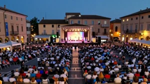 Immagine panoramica 16:9 che mostra Piazza IX Martiri a Mira durante un evento serale all’aperto. Un palco illuminato con luci calde è posizionato al centro della piazza, circondato da strumenti musicali e strutture sceniche. Una folla numerosa occupa l’area antistante, visibile come sagome non riconoscibili. Gli edifici della piazza incorniciano la scena, mentre l’illuminazione artificiale crea riflessi morbidi sul pavimento. L’atmosfera richiama un evento culturale estivo con toni realistici e stile documentaristico.