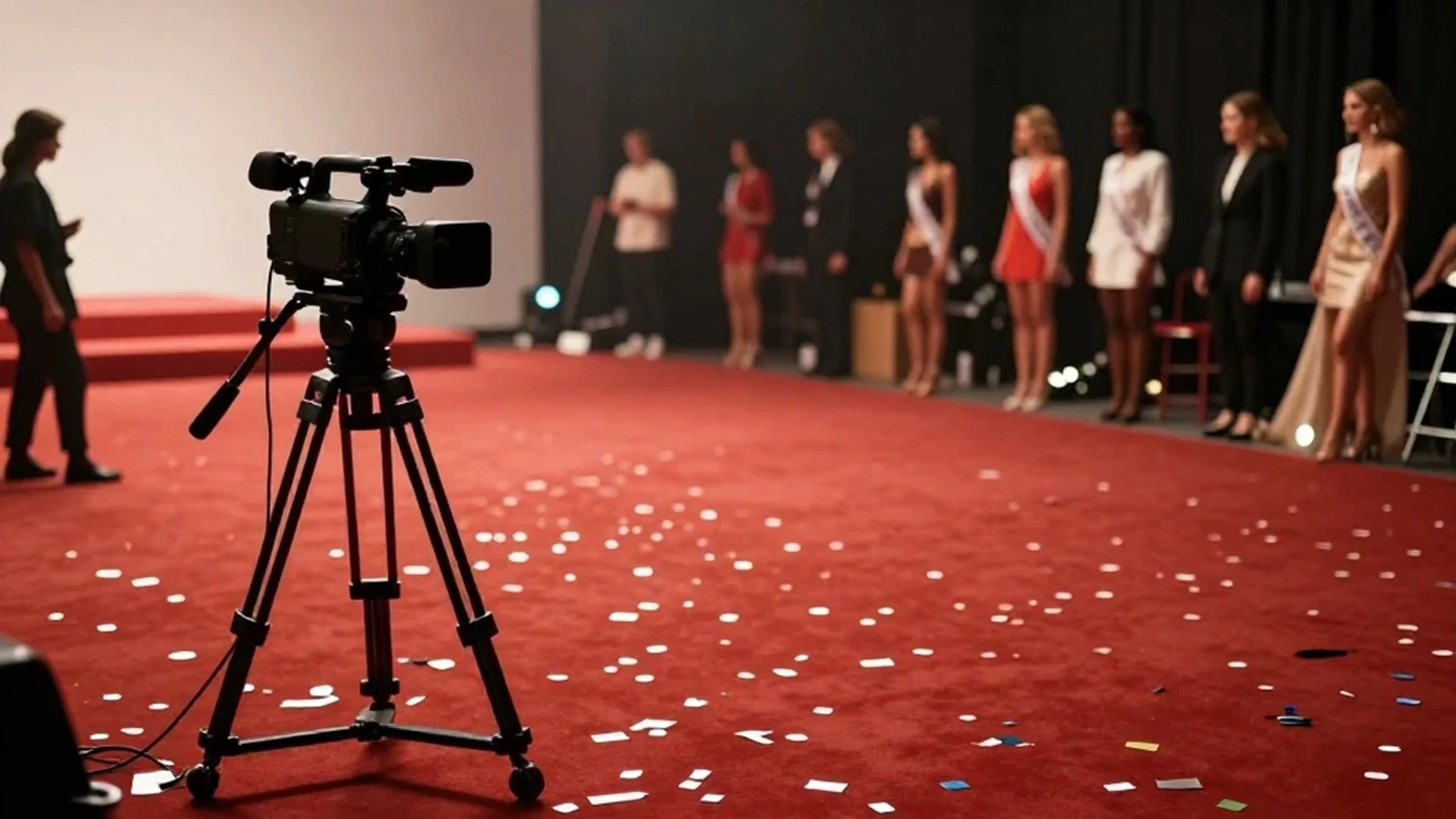 Immagine panoramica 16:9 in stile documentaristico‑satirico che mostra un red carpet vuoto con una videocamera abbandonata su un treppiede, luci di palco soffuse e confetti a terra, evocando l’uscita di scena di Carletto dal mondo delle Miss.