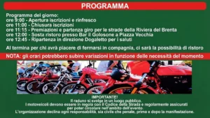 Immagine verticale con sfondo verde che mostra il programma dettagliato del 17° Motoincontro. Nella parte superiore è presente il titolo “Programma” in un riquadro rosso. Il testo elenca gli orari delle attività: apertura iscrizioni alle 9:00, chiusura alle 11:00, premiazioni e partenza del giro alle 11:15, sosta ristoro alle 12:00 e ripartenza alle 12:45. È presente una nota che indica possibili variazioni degli orari. In basso compare un avviso di sicurezza che ricorda l’obbligo di motoveicoli in regola con il Codice della Strada e l’esclusione di responsabilità dell’organizzazione. A destra è inserita una fotografia con diverse moto d’epoca parcheggiate e alcune persone in piedi accanto ai veicoli. L’impaginazione è chiara, con testo leggibile e colori saturi.