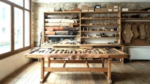 immagine orizzontale di un laboratorio artigiano dedicato alla lavorazione della pelle e alla produzione di calzature. In primo piano c’è un grande banco da lavoro in legno, illuminato da luce naturale proveniente da una finestra laterale. Sul piano sono disposti ordinatamente vari attrezzi tradizionali: martelli, coltelli da taglio, punzoni, raspe e strumenti metallici per la modellazione del cuoio. Sullo sfondo si vedono scaffali pieni di rotoli di pelle in diversi colori e texture, forme da scarpe in legno, bobine di filo e modelli cartacei appesi alla parete. Il pavimento è in legno, le pareti in pietra, creando un’atmosfera rustica e autentica. L’ambiente è ordinato, professionale e rappresenta un tipico spazio di lavoro artigiano della Riviera del Brenta, noto per la tradizione calzaturiera e manifatturiera.