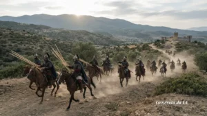 Una veduta panoramica, grandangolare e realistica, inquadratura media, che documenta un'azione dinamica e improvvisa di attacco da parte di una decina di cavalieri Stradioti veneziani della fine del XV secolo. La scena si svolge su una costa rocciosa e arida della Dalmazia, con il sole del tardo pomeriggio che illumina il paesaggio di una calda luce dorata.

Una dozzina di Stradioti, a cavallo di agili pony baia, sono in piena carica diagonale da destra a sinistra, con i muscoli dei cavalli tesi e le zampe in movimento. Diversi cavalieri in primo piano sono nel pieno dell'azione: il secondo da sinistra tiene sollevato un lungo giavellotto (giavellotto) in procinto di lanciarlo, mentre il quarto cavalieri tiene un arco e una freccia incoccata. Indossano armature leggere storicamente accurate, tra cui camicie di maglia, elmetti segmentati (alcuni con pennacchi) e tradizionali mantelli di lana fluttuanti in colori tenuti e ricchi. Portano faretre piene di frecce e piccoli scudi rotondi.

Notevoli nuvole di polvere fine si sollevano violentemente intorno agli zoccoli dei cavalli, creando una cortina di fumo e sabbia che avvolge il gruppo e l'ambiente circostante. Sullo sfondo, attraverso l'acqua calma e cristallina di una baia, si erge imponente e fortificata una storica fortezza costiera veneziana (che ricorda Dubrovnik o una fortezza simile) con torri di guardia e mura merlate costruite su un promontorio roccioso. La bandiera del Leone di San Marco sventola dalla torre principale. Nel porto sottostante sono ormeggiate diverse galee veneziane d'epoca.

Il terreno è arido e roccioso. La composizione è ampia, con i cavalieri che si muovono in formazione, portando lo sguardo verso la fortezza in lontananza. La fotografia ha una grana naturale e autentica, e una nitidezza eccezionale che cattura i dettagli di ogni tessitura dell'armatura, del tessuto, della criniera del cavallo e delle pietre della fortezza, con zero motion blur. L'atmosfera è carica di tensione, ma con una sobria resa storica.