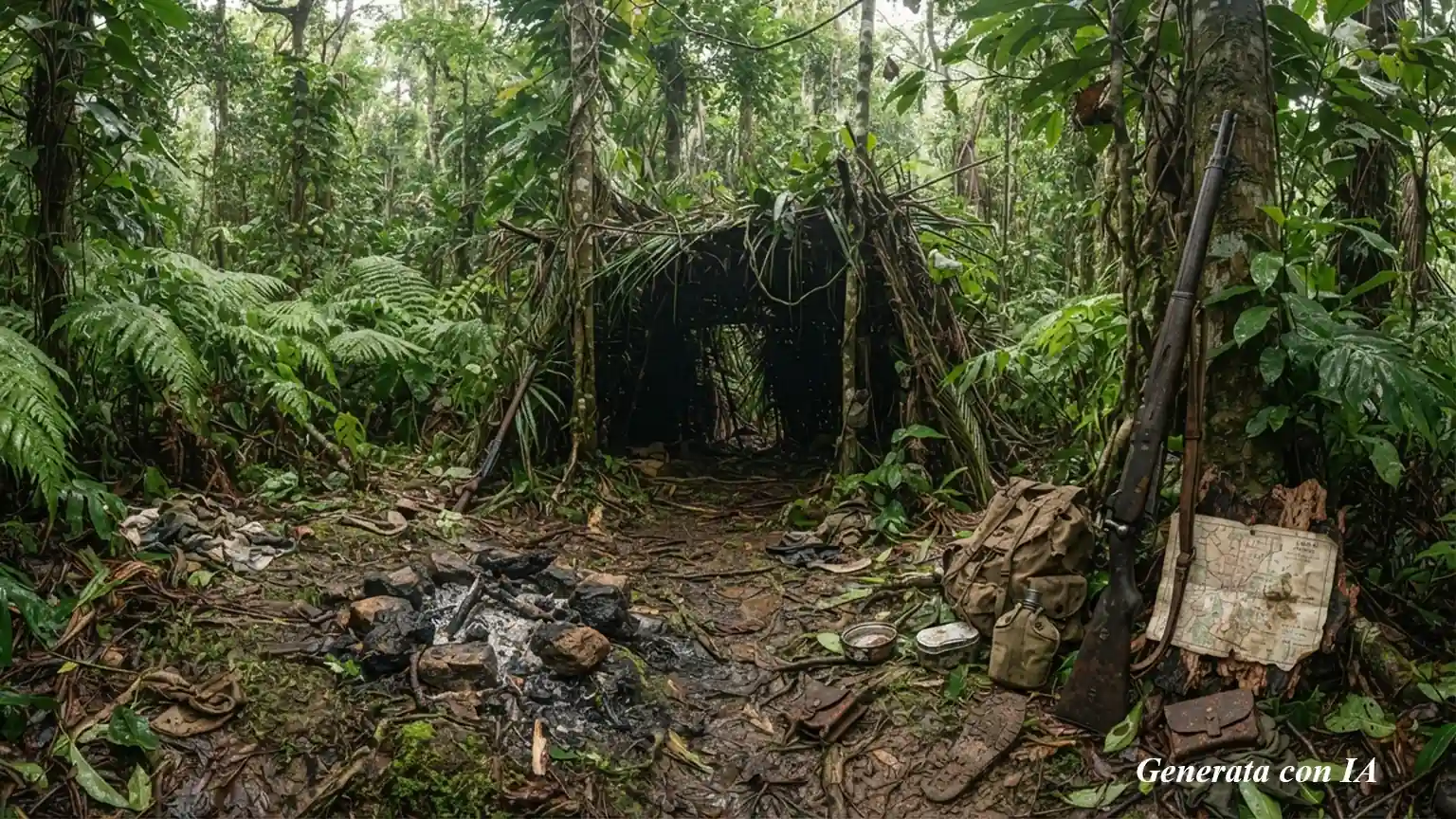 Una veduta panoramica orizzontale che riprende un piccolo accampamento mimetizzato e nascosto nel cuore della giungla di Lubang, senza la presenza di persone. Al centro della composizione si intravede un rifugio rudimentale e di fortuna, costruito intrecciando rami di alberi e grandi foglie di palma per fondersi perfettamente con la fitta vegetazione circostante. Sul terreno fangoso, in primo piano a sinistra, sono visibili i resti spenti di un fuoco da campo circondato da pietre annerite e cenere. Sulla destra, poggiati vicino a un tronco d'albero, compaiono un fucile Arisaka, uno zaino militare di foggia giapponese, una borraccia e una mappa consumata. La scena è avvolta da un'atmosfera umida e tropicale, con una luce morbida e filtrata che penetra dall'alto della foresta. La composizione è stabile, con una messa a fuoco profonda e nitida su tutta la scena, in puro stile fotografico storico-ambientale.