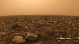 Una veduta panoramica a campo largo che mostra la superficie di Titano subito dopo l'atterraggio della sonda Huygens, ripresa dall'altezza del suolo. Il terreno è caratterizzato da una distesa di ciottoli e massi scuri, arrotondati, composti prevalentemente da ghiaccio d'acqua mescolato a materiali organici scuri, disposti su una superficie piatta e granulosa. In basso a destra è visibile una porzione della struttura metallica della sonda poggiata a terra. L'orizzonte, basso e piatto, si perde in una foschia uniforme e densa che avvolge l'intero paesaggio. Il cielo sovrastante è di un colore arancione opaco e uniforme, che diffonde una luce debole e priva di direzionalità marcata. La composizione è stabile, con una messa a fuoco nitida sull'intero campo visivo, priva di mosso, e basata sui dati visivi scientifici reali forniti dall'ESA.