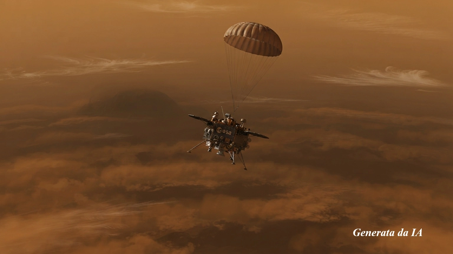 Una veduta panoramica inquadrata in primo piano che documenta la discesa della sonda Huygens dell'ESA attraverso la densa e spessa atmosfera di Titano. La sonda, al centro della composizione, è sospesa a un grande paracadute aperto di colore beige-marrone, collegato tramite sottili funi di sospensione al modulo principale. Il corpo metallico della sonda mostra dettagli tecnici definiti, inclusi pannelli esterni, antenne e il logo dell'ESA ben visibile sulla superficie. La scena è immersa in un ambiente dominato da tonalità arancioni e marroni, caratteristico della spessa coltre di aerosol e idrocarburi di Titano. Nubi stratificate e banchi di foschia densa si estendono sopra e sotto il modulo, mentre una luce fioca e diffusa filtra dall'alto, creando un'atmosfera pesante, silenziosa e priva di ombre nette. Lo sfondo mostra una morfologia brulla e sfumata nella foschia uniforme. La resa fotografica è nitida, priva di effetto mosso, e riflette lo stile documentaristico scientifico dell'agenzia spaziale.