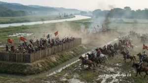Una drammatica e dettagliata veduta panoramica orizzontale che immortala la battaglia del 24 agosto 1412 lungo il fiume Livenza. Al centro della scena, la cavalleria ungherese in armatura è visibilmente ostacolata e rallentata dal terreno fangoso, umido e dai fossati d'irrigazione che costeggiano la pianura fluviale. I cavalli sono colti nel movimento teso di carica o arresto, con zoccoli immersi nel fango e polvere sollevata nell'aria. Sulla sinistra, protetti da una palizzata in legno robusta e da un terrapieno fortificato, i soldati fanti e balestrieri veneziani – guidati strategicamente da Carlo Malatesta – mantengono un compatto e disciplinato assetto difensivo, imbracciando lance e armi da tiro sotto le insegne con i leoni alati di San Marco. Piccole volute di fumo e polvere si alzano dai punti di contatto e dalle posizioni di fuoco, conferendo dinamismo alla scena. Sfondo con ampie anse del fiume Livenza che si snodano tra campi coltivati e boschi lontani sotto un cielo velato del mattino. L'inquadratura è nitida, priva di effetto mosso e fedele a uno standard di documentazione storico-militare rigorosa.