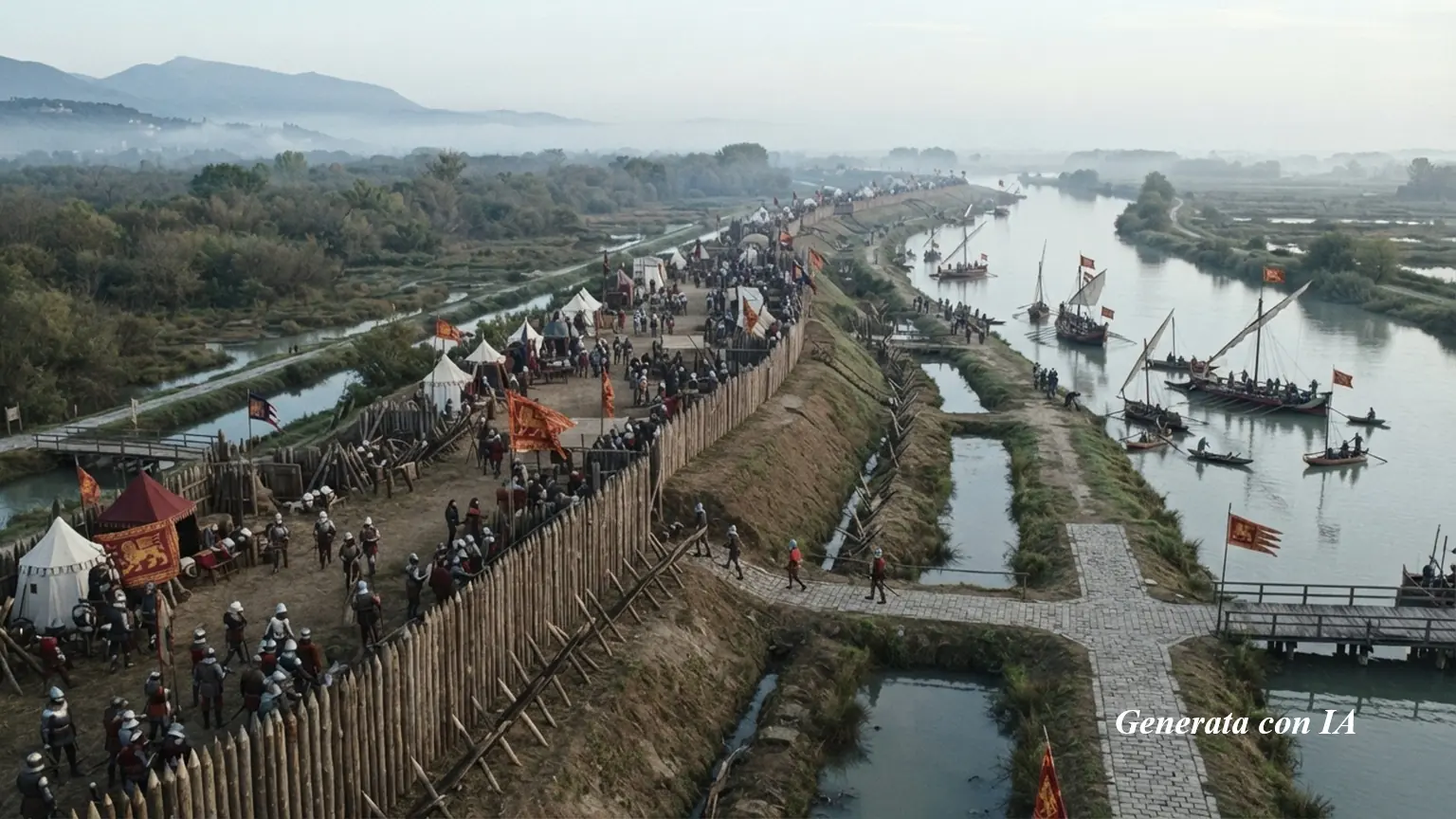 Una veduta panoramica aerea e inquadratura media che mostra l'accampamento fortificato dell'esercito veneziano del 1412 lungo le sponde del fiume Livenza. La composizione cattura una complessa linea difensiva caratterizzata da robuste palizzate in legno di tronchi appuntiti e terrapieni arginali che corrono paralleli al corso d'acqua. All'interno del perimetro fortificato sono visibili tende da campo bianche e colorate, postazioni di comando e numerosi soldati in armi con corazze e abbigliamento del quindicesimo secolo. Sulla destra, il fiume Livenza scorre placido, solcato da una flottiglia armata composta da barche a vela latina, imbarcazioni a remi e chiatte da trasporto con bandiere recanti il Leone di San Marco. Canali secondari, fossati pieni d'acqua e ponticelli in legno collegano la struttura difensiva alla campagna circostante, caratterizzata da zone umide e boschi radi in lontananza. La scena è immersa nella luce naturale e morbida del primo mattino, con tenui veli di foschia che sfumano le montagne all'orizzonte. L'immagine presenta una nitidezza assoluta e un dettaglio impeccabile, in perfetto stile fotografico storico-militare.