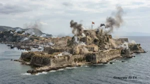 Una drammatica veduta panoramica aerea, ripresa a distanza, che documenta il violento bombardamento ottomano della Fortezza Vecchia (Palaio Frourio) di Corfù, avvenuto nel 1537. L'inquadratura cattura l'intera penisola fortificata e la città veneziana adiacente, immersa in un paesaggio di mare e montagne sotto un cielo parzialmente nuvoloso.

Plumes multiple di fumo denso, scuro e grigio si alzano in colonne maestose da diversi punti d'impatto all'interno del complesso della fortezza, in particolare sui bastioni superiori e sugli edifici centrali, oscurando parzialmente l'architettura e l'area residenziale. Le antiche mura in pietra della fortezza sono visibilmente sotto attacco e presentano segni di danni. Sulla sinistra, ancorata nelle acque della baia tra la fortezza e la terraferma, si trova una flotta di navi da guerra ottomane, le cui alberature e sartiame sono densamente visibili. Da alcune di queste galee, così come da postazioni di artiglieria posizionate sulle colline a sinistra, sono visibili piccole sbuffi di fumo bianco che indicano spari in corso verso la fortezza. Un'unica bandiera, rossa con simboli ottomani, sventola ancora da una delle torri più alte della fortezza, mentre il resto dell'edificio è avvolto nel caos. Nonostante la drammaticità della scena, l'immagine mantiene una nitidezza eccezionale, con colori naturali e una resa pulita che riflette uno stile fotografico storico-militare.
