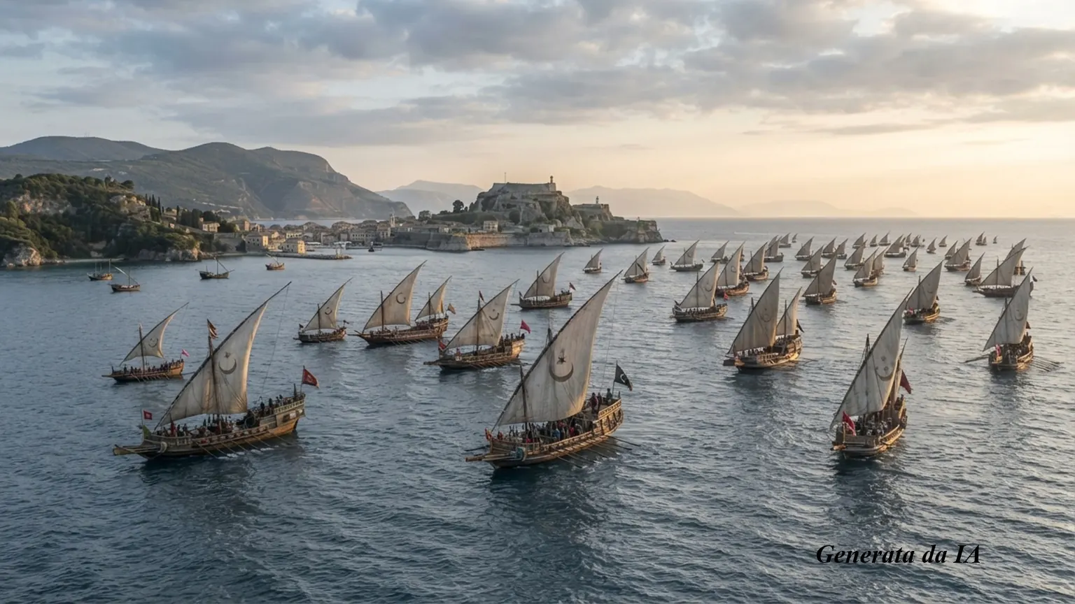 Una veduta panoramica ad ampio raggio, inquadratura media, che cattura una vasta flotta navale ottomana del XVI secolo schierata in formazione di battaglia al largo della costa orientale dell'isola di Corfù. La scena è ambientata durante le prime ore del mattino, con una luce naturale e morbida che sorge dolcemente sopra le montagne della terraferma albanese, visibili all'orizzonte. Almeno trenta galee storiche e galeoni, dotati di complessi alberi e grandi vele latine, molte delle quali recano il simbolo ottomano della mezzaluna e della stella, sono fermi sul mare leggermente increspato. Gli scafi delle navi sono dettagliati, con equipaggi in abiti d'epoca visibili sui ponti e piccole bandiere rosse con la mezzaluna che sventolano dalle cime degli alberi. Sulla sinistra, la penisola rocciosa dell'isola di Corfù domina la composizione, con la città vecchia di Corfù e le colline bussolose che la circondano. La sagoma distinta della Fortezza Vecchia (Palaio Frourio) è arroccata in modo prominente sulla punta della penisola, le sue mura in pietra fortificate e la torre del faro sono ben definite contro il cielo parzialmente nuvoloso. L'atmosfera è carica di una tensione storica palpabile, un momento di calma prima dell'assedio. La resa visiva è eccezionalmente nitida, con colori naturali e nessun mosso, nello stile di una fotografia storico-documentaristica d'epoca.