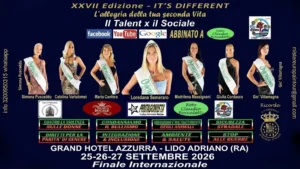 Locandina su sfondo blu scuro che ritrae sette concorrenti della categoria Overissima, tutte in abito elegante e con fascia identificativa. Sotto ogni figura è riportato il nome: Simona Pusceddu, Catalina Vartolomei, Maria Canfora, Loredana Semeraro, Madrilena Massignani, Giulia Cordasco e Gio’ Villamagna. Attorno compaiono loghi di partner e piattaforme digitali. La parte centrale evidenzia temi sociali come violenza sulle donne, parità di genere, bullismo, inclusione, tutela degli animali, ambiente e salute, sicurezza stradale e stop alle guerre. In basso sono riportati luogo, date e contatti della Finale Internazionale 2026. L’immagine comunica l’impegno sociale del format.
