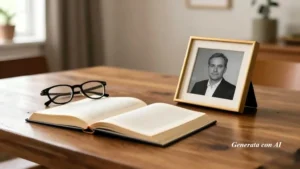 Fotografia in formato panoramico 16:9 che mostra un tavolo di legno con alcuni oggetti simbolici legati al tema della memoria: un libro aperto con pagine color crema, un paio di occhiali neri appoggiati sopra, e una cornice con una fotografia in bianco e nero di una persona in abbigliamento formale. Sullo sfondo, sfocato, si intravede un interno domestico con finestra, pianta e arredi, illuminato da luce naturale. L’immagine trasmette un’atmosfera intima e riflessiva, con la dicitura “Generata con AI” visibile nell’angolo inferiore destro.