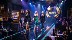 Vista panoramica dell'interno di Villa Bonin durante il casting modelle Fashion Lady Eventi 2026. Una passerella lucida attraversa il centro della sala circondata da pubblico seduto ai tavoli e nelle aree lounge del locale. Tre partecipanti sfilano sulla runway sotto un sistema professionale di luci scenografiche blu, viola e bianche. Sullo sfondo un grande schermo LED circolare riporta la scritta “Model Casting Fashion Lady Eventi”. L'ambiente presenta un'atmosfera elegante e contemporanea, tipica di un evento dedicato alla selezione di modelle e alla promozione della moda, con elementi di design moderni, bar illuminato e strutture tecniche per spettacoli e casting professionali.