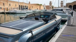 Primo piano del ponte di poppa di una moderna imbarcazione a motore di colore ottanio ormeggiata a un pontile galleggiante dell'Arsenale. Sulla superficie della poppa sono integrati ampi pannelli solari fotovoltaici, con la scritta 'Solar Eclipse' ben visibile sul fianco. Sullo sfondo si intravedono altre imbarcazioni e le storiche strutture dell'Arsenale.