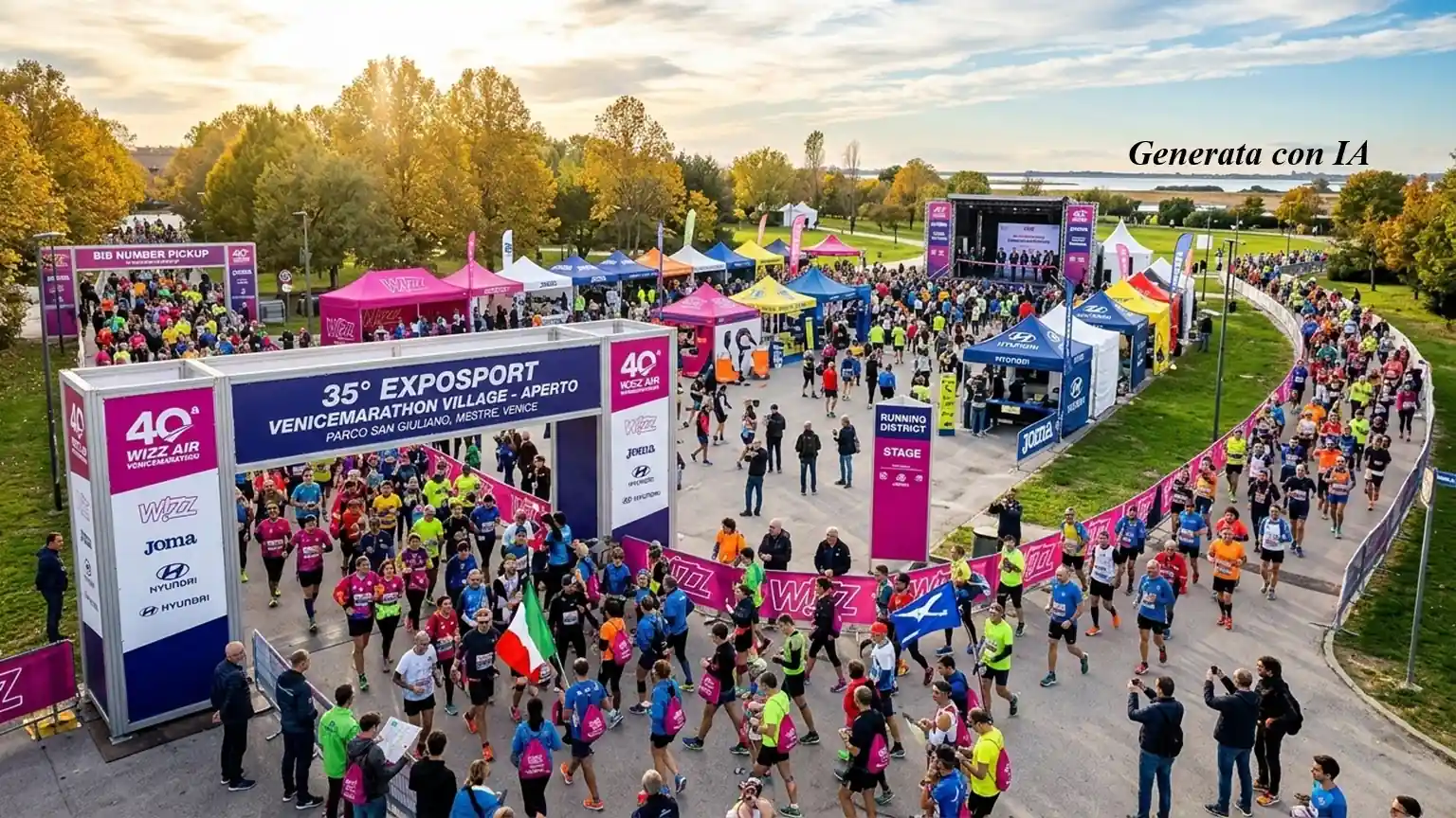 Un'inquadratura aerea panoramica e luminosa scattata al tramonto mostra l'ingresso affollato del 35° Exposport Venicemarathon Village al Parco San Giuliano. Una grande struttura ad arco a due campate domina l'ingresso, recando scritte chiare e leggibili in viola e fucsia: a sinistra, "40ª WIZZ AIR VENICEMARATHON" e loghi sponsor (Joma, Hyundai); a destra, "35° EXPOSPORT VENICEMARATHON VILLAGE - APERTO" e "PARCO SAN GIULIANO - MESTRE, VENICE" e altri sponsor. Centinaia di persone, vestite con abiti sportivi colorati e zaini, si riversano all'interno del villaggio attraverso l'arco. Una vasta area fieristica all'aperto è piena di tende e stand espositivi colorati (fucsia, blu, giallo) di vari sponsor, tra cui spicca la tenda "Joma" e l'area "RUNNING DISTRICT STAGE" a destra. Sullo sfondo si estende il parco con alberi autunnali e, all'orizzonte, la laguna di Venezia sotto un cielo con nuvole dorate. La folla è densa, un corridore in primo piano porta una bandiera italiana.