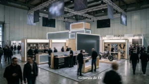 Fotografia in formato 16:9 scattata dall'alto all'interno di un padiglione espositivo fieristico. Al centro della scena è presente un moderno stand ad angolo realizzato in legno chiaro e strutture metalliche con illuminazione a LED integrata. Lo stand comprende diverse aree tematiche con banchi da lavoro da officina, espositori di componenti meccaniche e una motocicletta in mostra. Sullo sfondo e nei corridoi circostanti si vedono numerosi visitatori in movimento con volto sfocato e non identificabile.