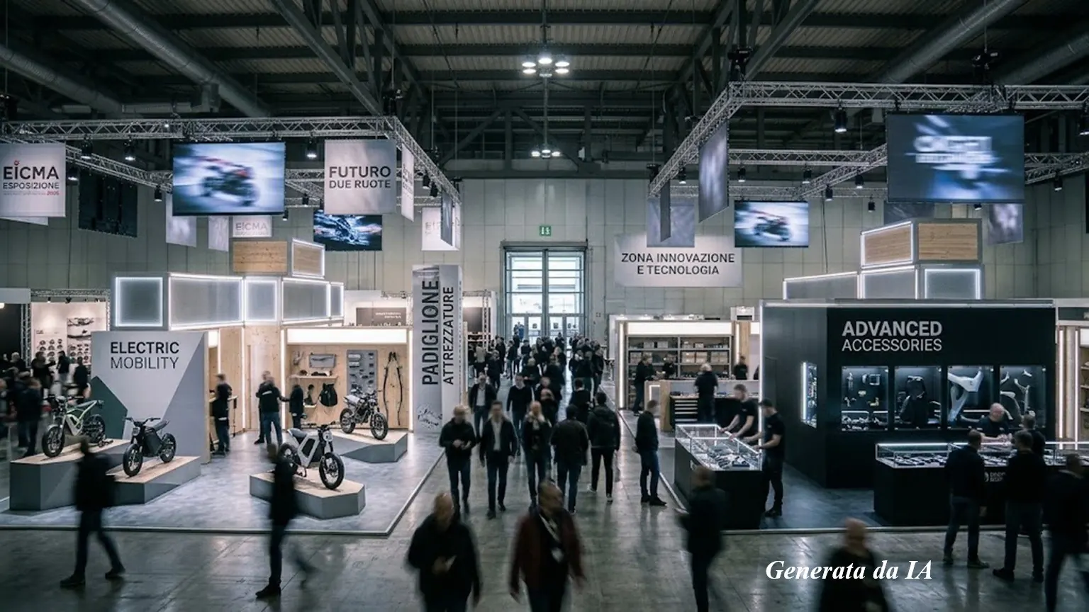 Fotografia ad alta risoluzione in formato 16:9 che ritrae un'ampia vista panoramica dell'interno dei padiglioni della fiera EICMA. L'immagine mostra una galleria espositiva con diversi stand dedicati alla mobilità elettrica, alle attrezzature per moto e agli accessori avanzati, caratterizzati da faretti a sospensione, schermi verticali e cartelli indicativi. Il passaggio centrale è affollato da visitatori in cammino i cui volti risultano resi irriconoscibili dalle sfocature di movimento.