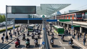 Un'ampia veduta panoramica in formato 16:9 dell'ingresso al polo fieristico di Rho Fiera Milano durante un evento. Sulla sinistra si trova una corsia stradale percorsa da diversi motociclisti, affiancata da una fermata con autobus verdi della linea urbana e persone a piedi lungo i marciapiedi. In alto a destra domina la struttura in vetro e acciaio della fiera, affiancata da un treno rosso della metropolitana M1 in arrivo alla stazione sopraelevata. Sopra la carreggiata sono presenti cartelli segnaletici blu e verdi che indicano le direzioni per la viabilità e i parcheggi.