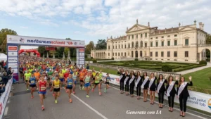 Una fotografia grandangolare a livello della strada della partenza della 39ª Venicemarathon. Migliaia di runner in abbigliamento sportivo colorato partono sotto una grande struttura a portale d'acciao con la scritta "40ª Venicemarathon" e orologio digitale. Sulla destra, lungo una barriera pubblicitaria che riporta "Miss Riviera del Brenta", si trovano in posa dodici donne in abito da sera scuro con fasce da concorso. Sullo sfondo si erge la maestosa facciata neoclassica della settecentesca Villa Pisani e i suoi giardini formali. Il cielo è parzialmente nuvoloso. I maratoneti corrono verso sinistra.