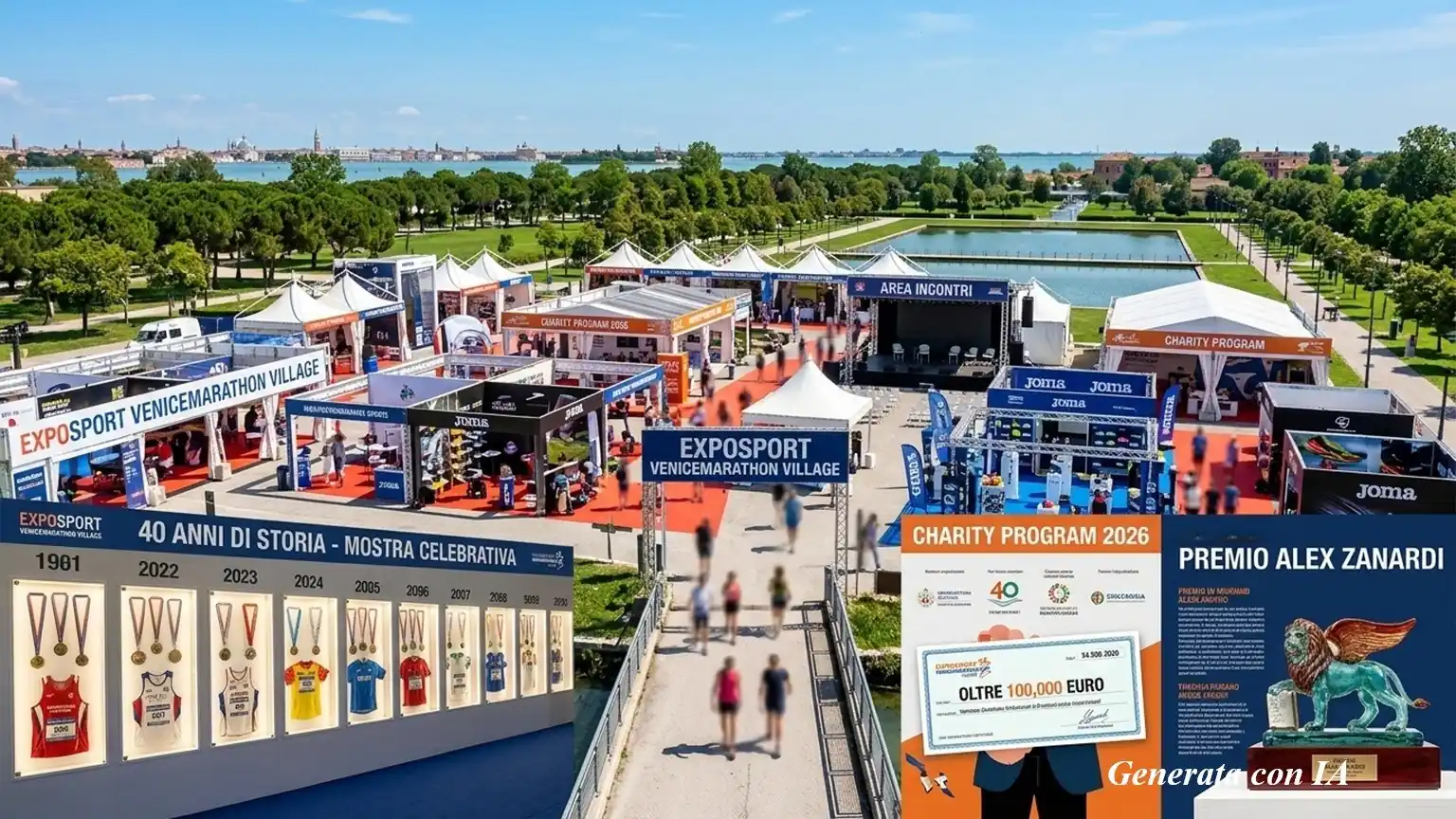 Veduta panoramica dell'Exposport Venicemarathon Village allestito al Parco San Giuliano di Mestre in occasione del quarantennale della Venicemarathon. Sono visibili numerosi padiglioni espositivi dedicati a sponsor, partner e associazioni benefiche, l'area incontri, gli spazi del Charity Program e la mostra celebrativa dedicata ai quarant'anni di storia della maratona veneziana. Sullo sfondo si osservano il parco, gli specchi d'acqua e la laguna veneziana.