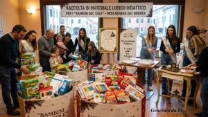 Volontari ed esponenti di Miss Riviera del Brenta organizzano tavoli e contenitori colmi di materiale ludico e didattico all'interno di una sala allestita per la raccolta solidale.